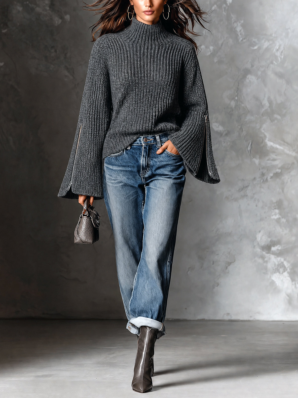 ElevenOra | Sweater tejido gris con cuello alto y cierres decorativos