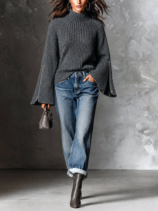 ElevenOra | Sweater tejido gris con cuello alto y cierres decorativos