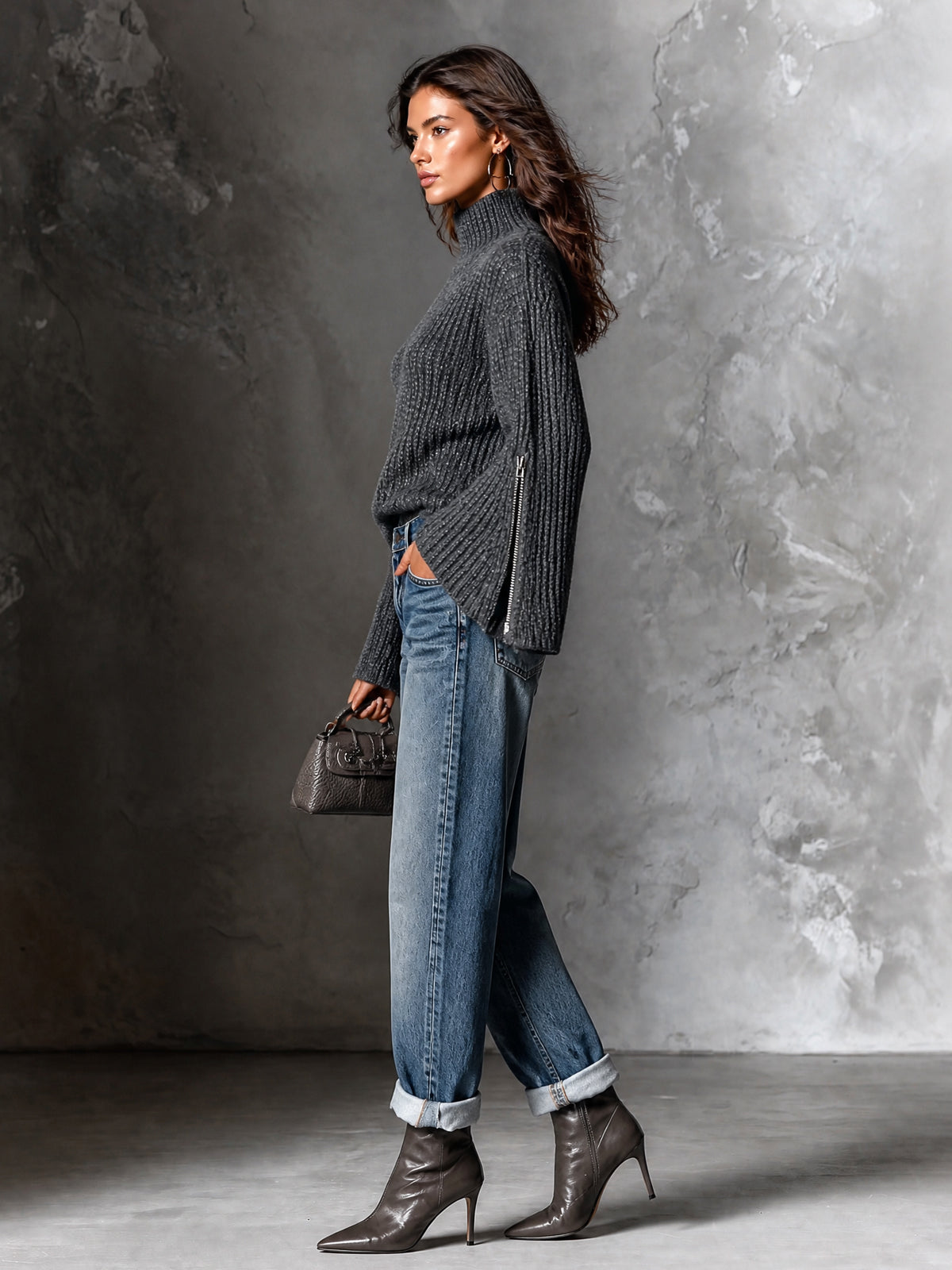 ElevenOra | Sweater tejido gris con cuello alto y cierres decorativos
