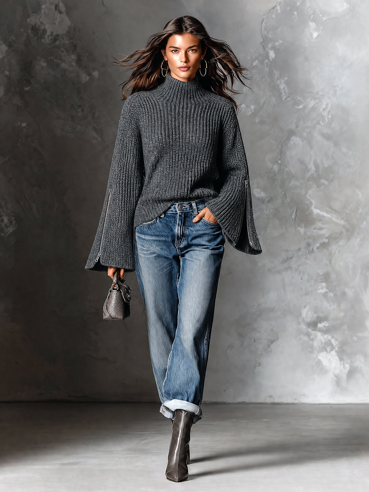 ElevenOra | Sweater tejido gris con cuello alto y cierres decorativos