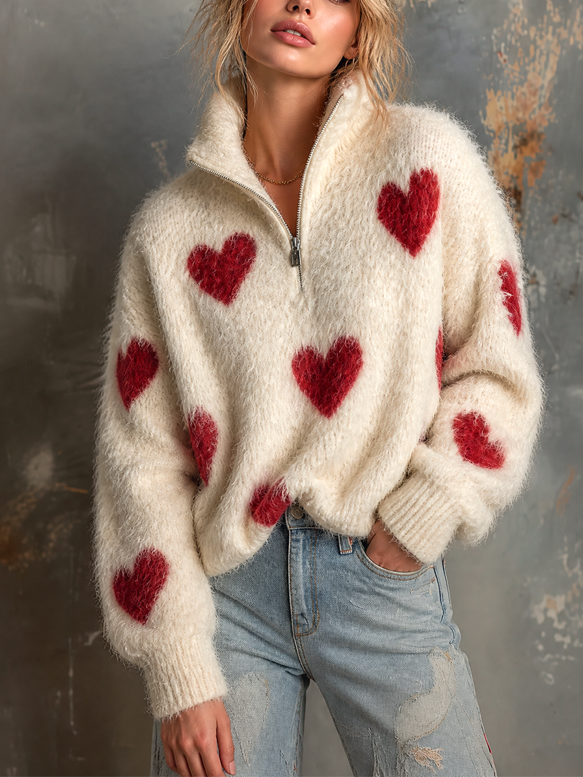 ElevenOra | Sweater de mohair blanco roto con jacquard de corazones y medio cierre