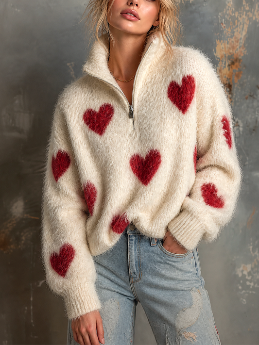 ElevenOra | Sweater de mohair blanco roto con jacquard de corazones y medio cierre