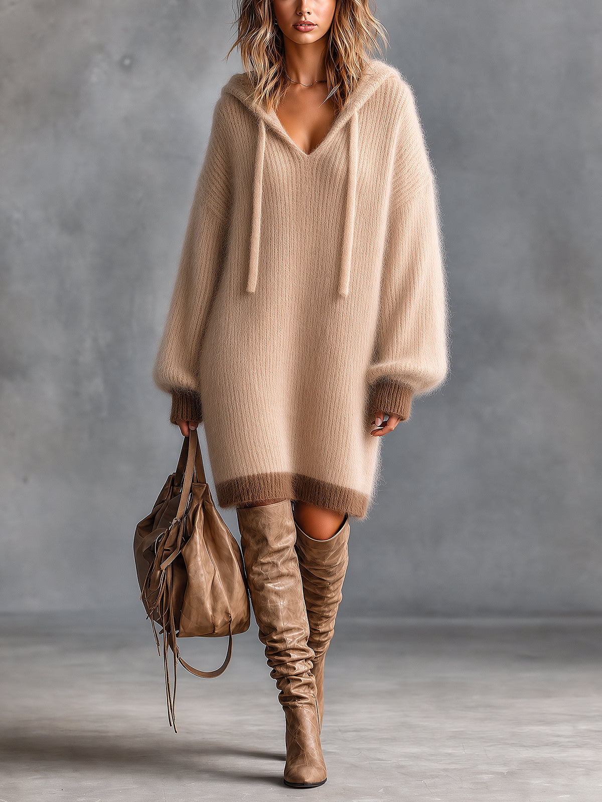 ElevenOra | Vestido midi de mohair camel y marrón con capucha oversize