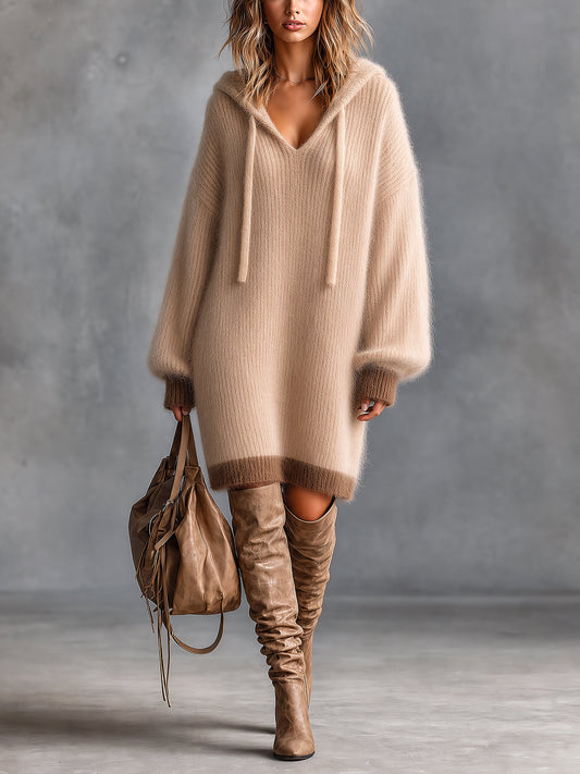 ElevenOra | Vestido midi de mohair camel y marrón con capucha oversize