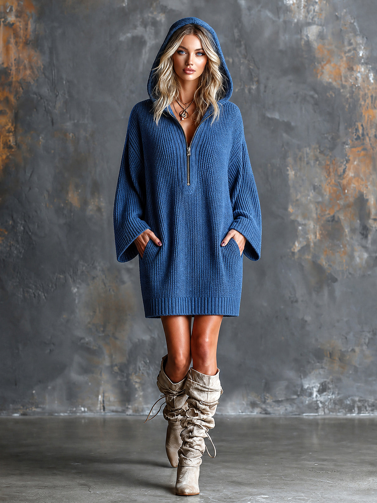 ElevenOra | Vestido mini tejido azul rey con capucha y cierre