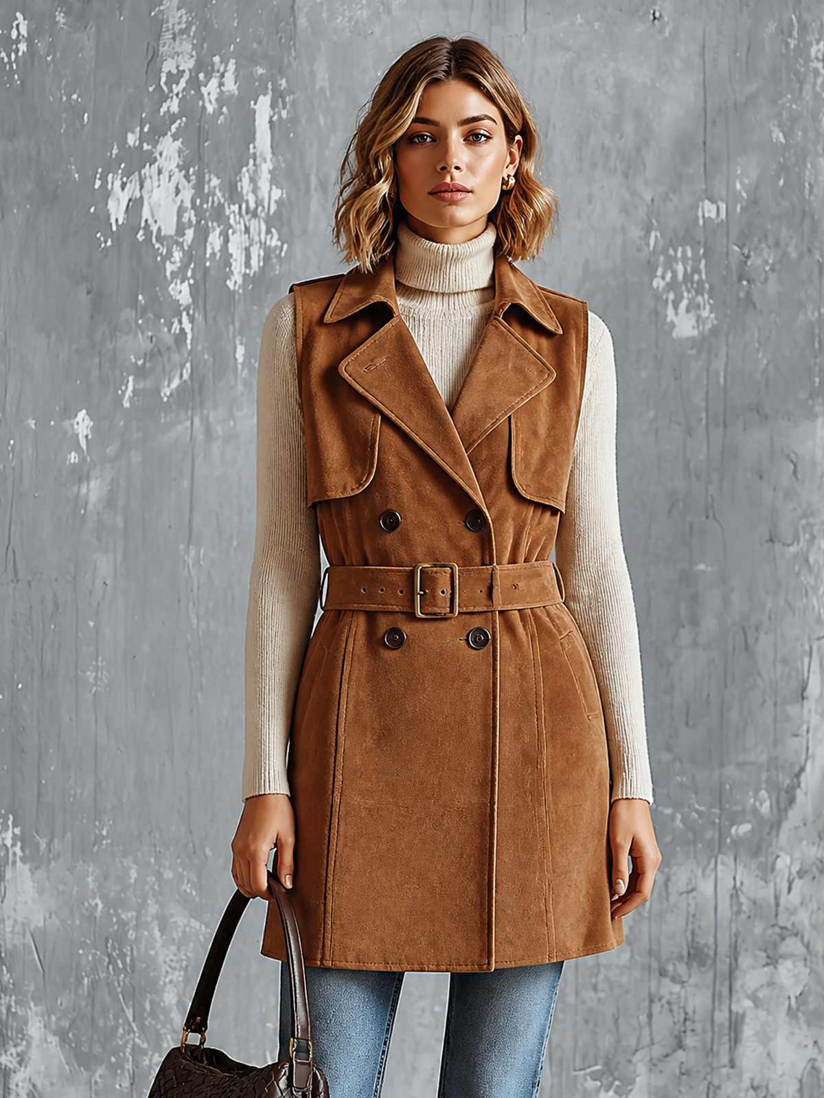 ElevenOra | Chaleco trench camel de gamuza con cinturón