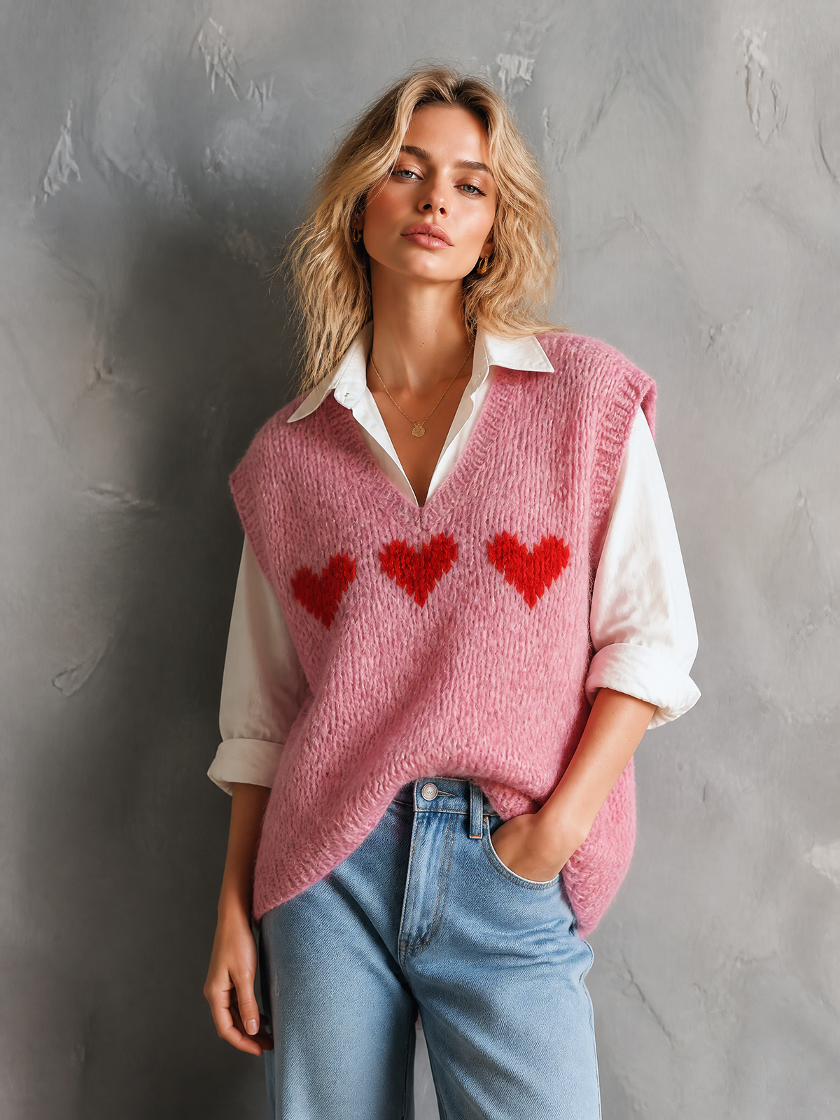 ElevenOra | Chaleco tejido rosa con jacquard de corazones