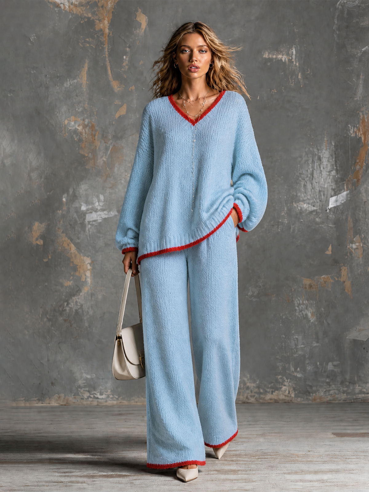 ElevenOra | Conjunto tejido celeste de sweater y pantalón de pierna ancha