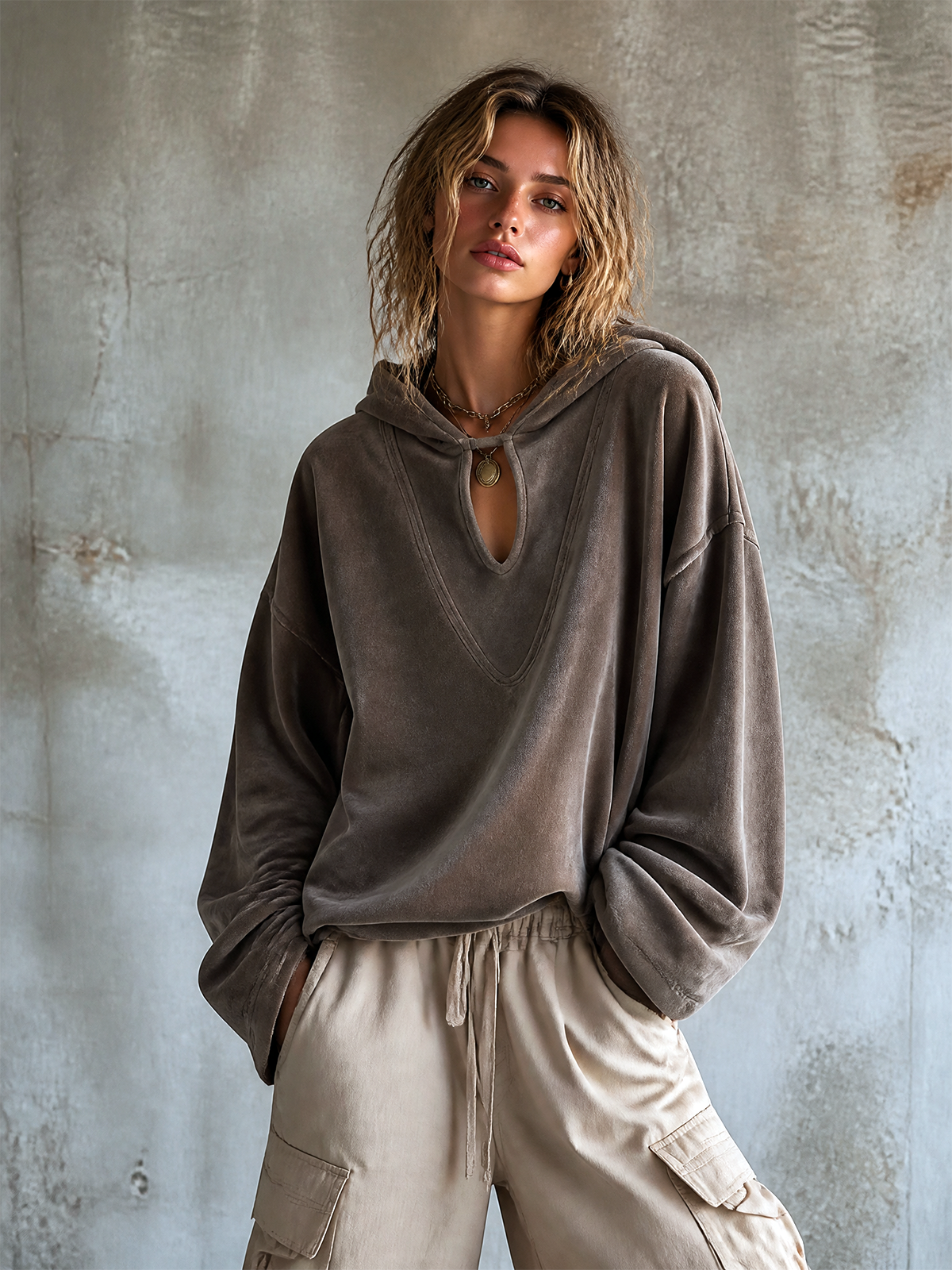 ElevenOra | Buzón de velour topo con capucha y cut out