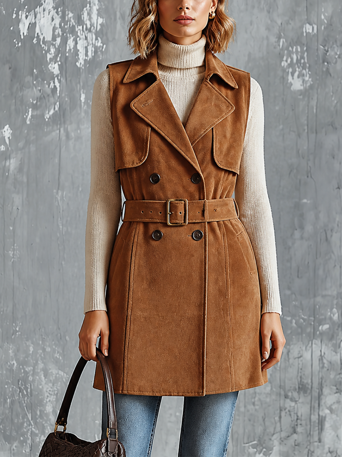 ElevenOra | Chaleco trench camel de gamuza con cinturón