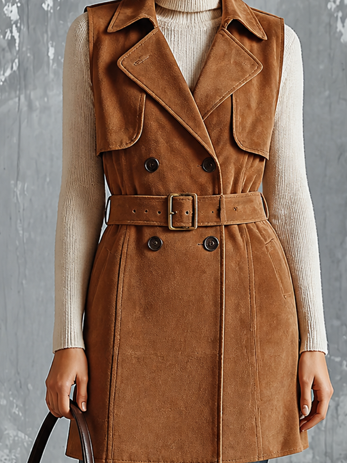 ElevenOra | Chaleco trench camel de gamuza con cinturón