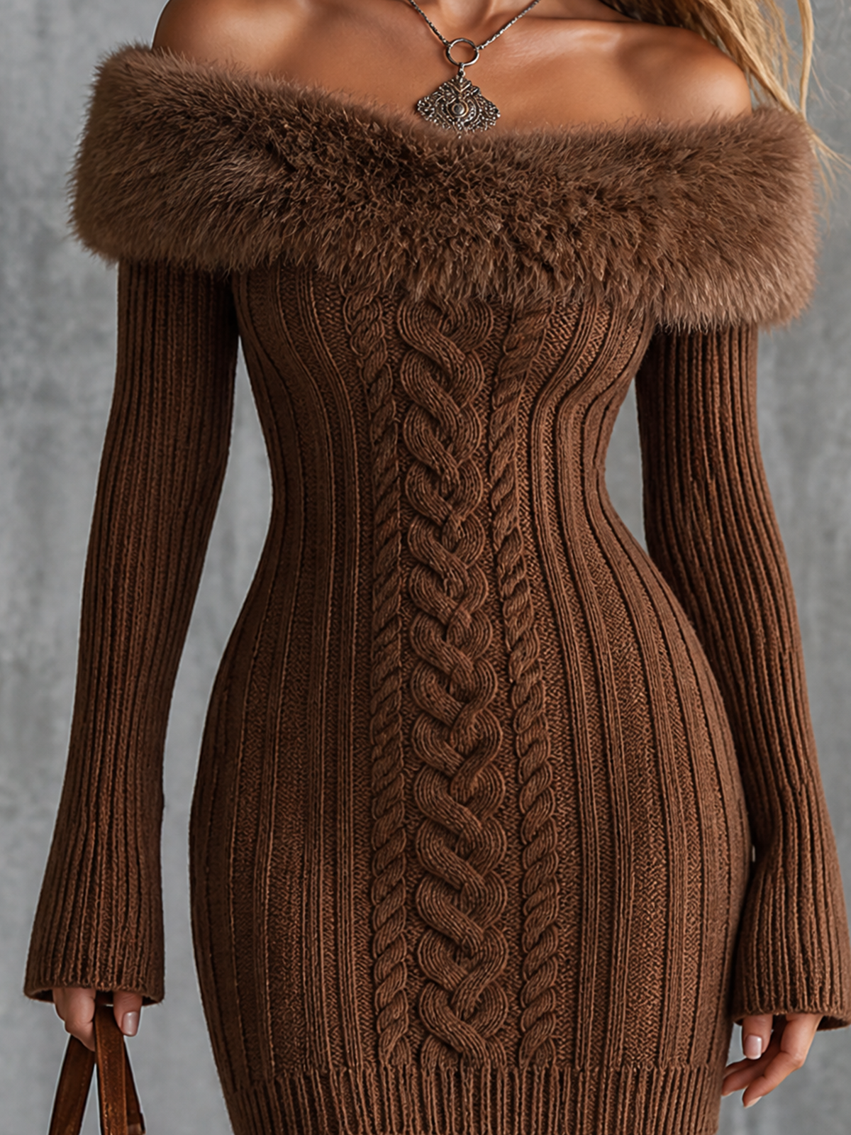 ElevenOra | Vestido mini tejido marrón off shoulder con pelo sintético