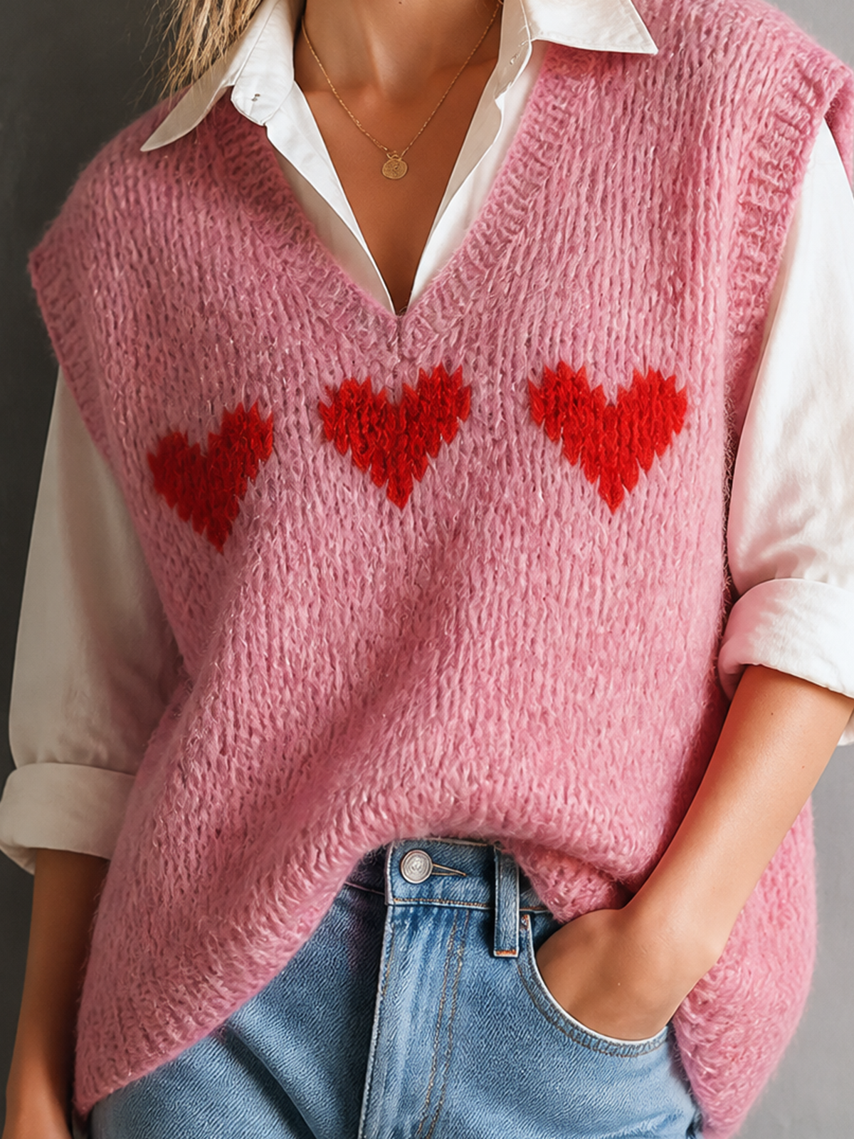 ElevenOra | Chaleco tejido rosa con jacquard de corazones