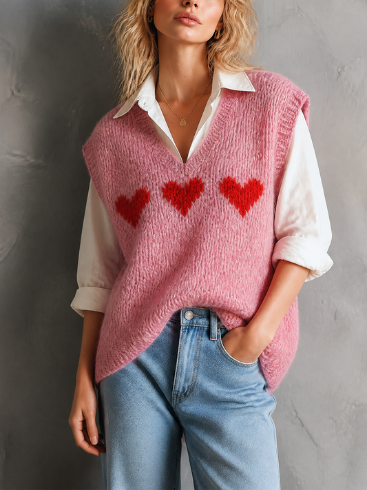 ElevenOra | Chaleco tejido rosa con jacquard de corazones