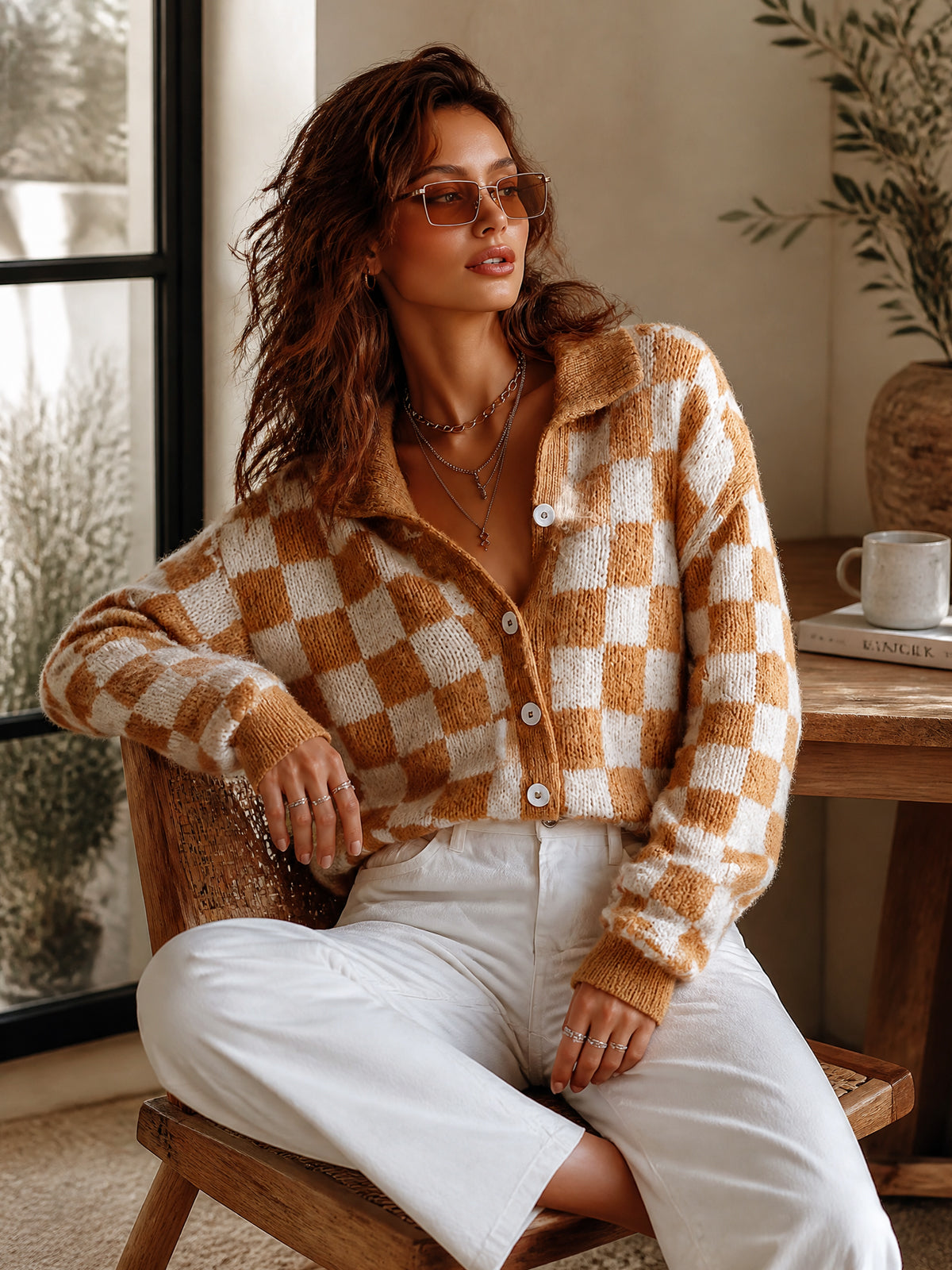 ElevenOra | Cárdigan tejido camel y blanco con jacquard de damas