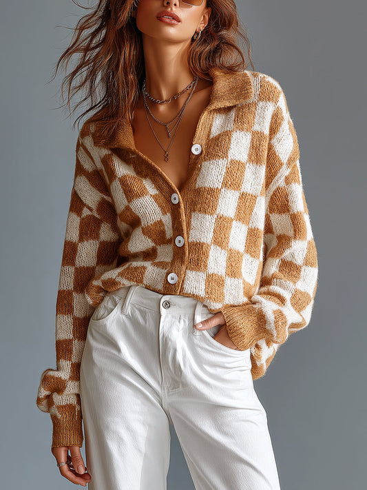 ElevenOra | Cárdigan tejido camel y blanco con jacquard de damas