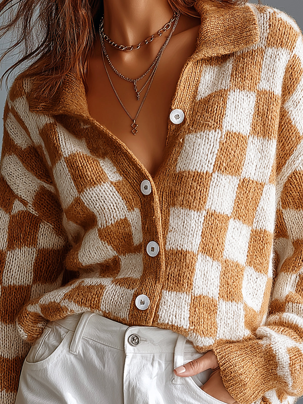 ElevenOra | Cárdigan tejido camel y blanco con jacquard de damas