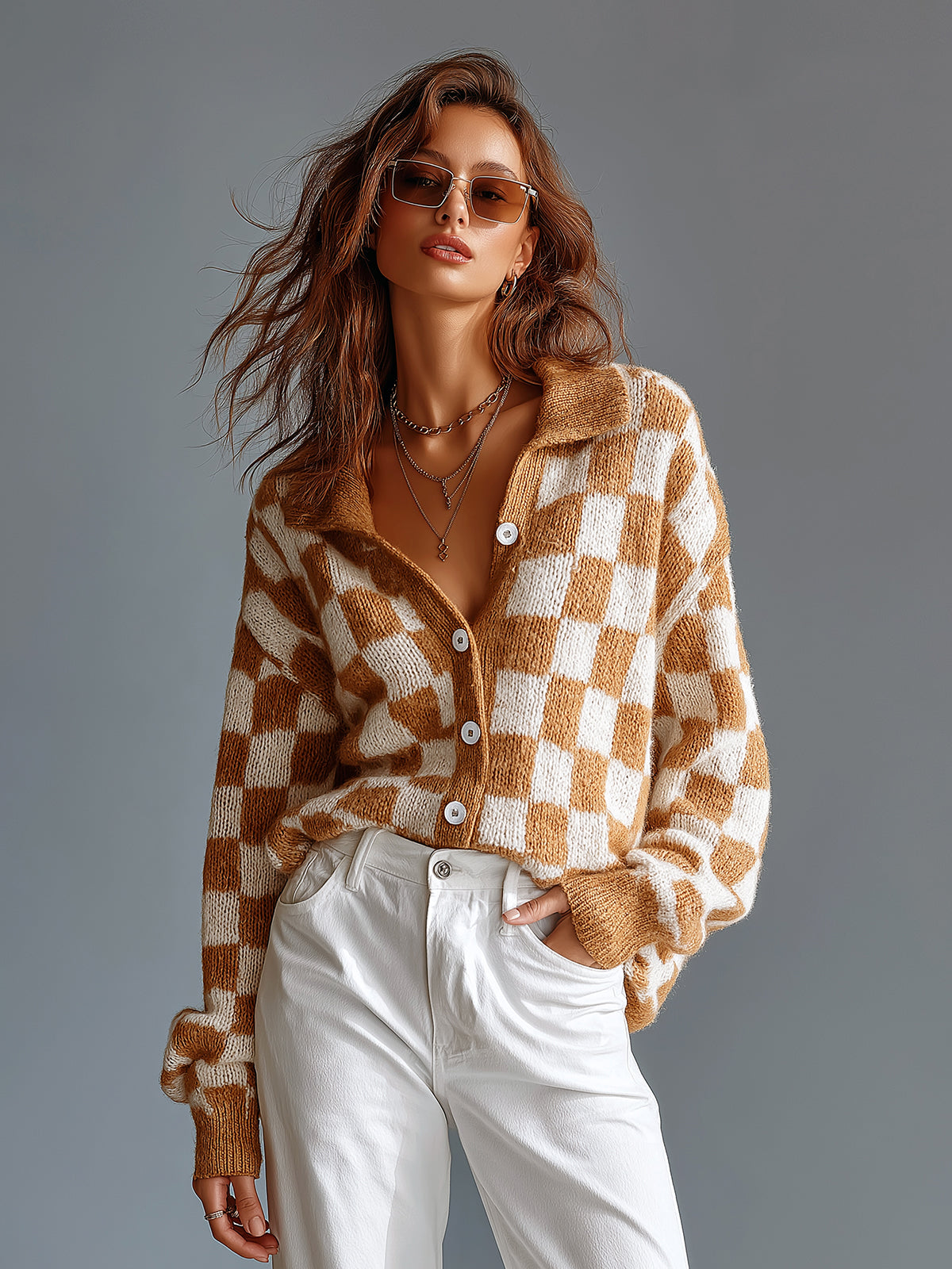 ElevenOra | Cárdigan tejido camel y blanco con jacquard de damas