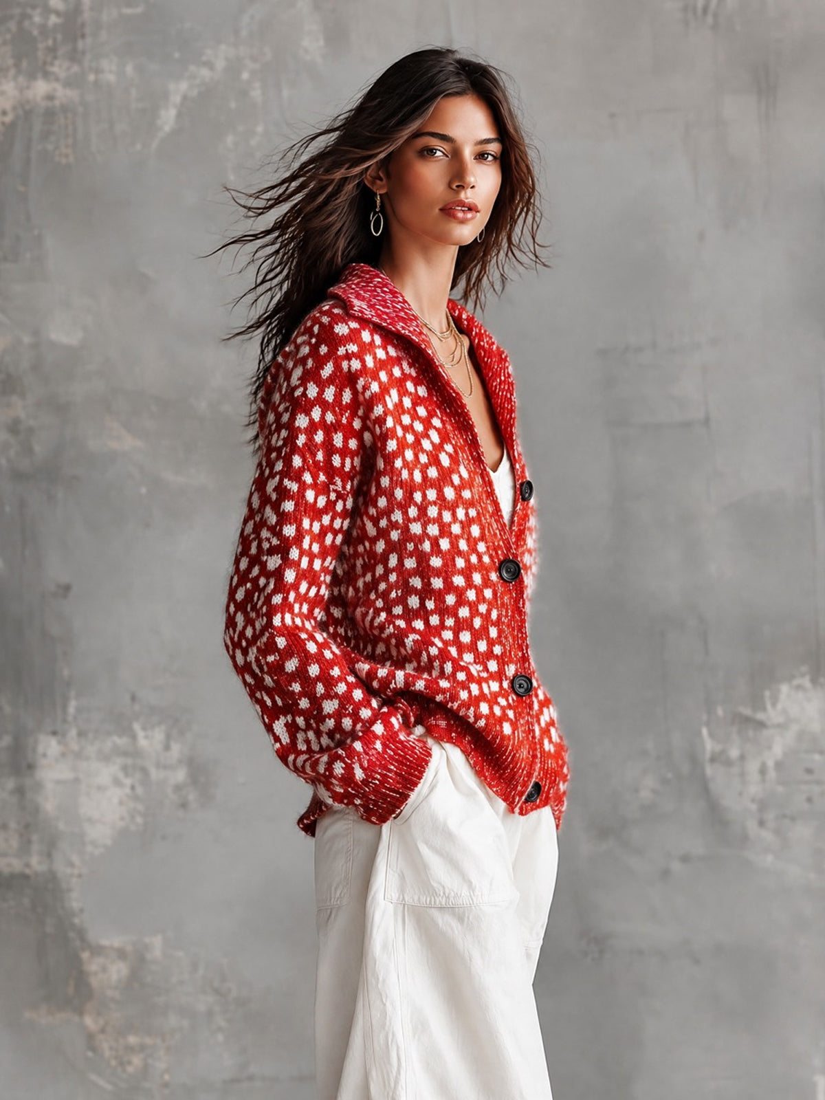 ElevenOra | Cárdigan tejido rojo y blanco con jacquard de lunares