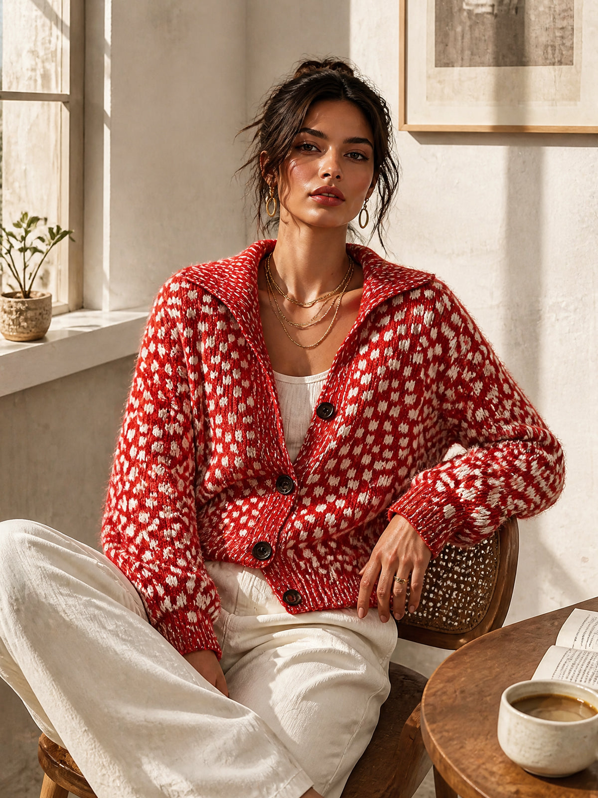 ElevenOra | Cárdigan tejido rojo y blanco con jacquard de lunares