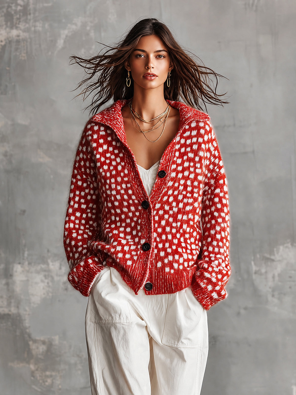 ElevenOra | Cárdigan tejido rojo y blanco con jacquard de lunares