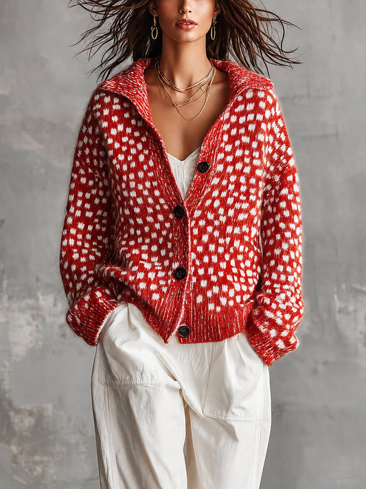 ElevenOra | Cárdigan tejido rojo y blanco con jacquard de lunares