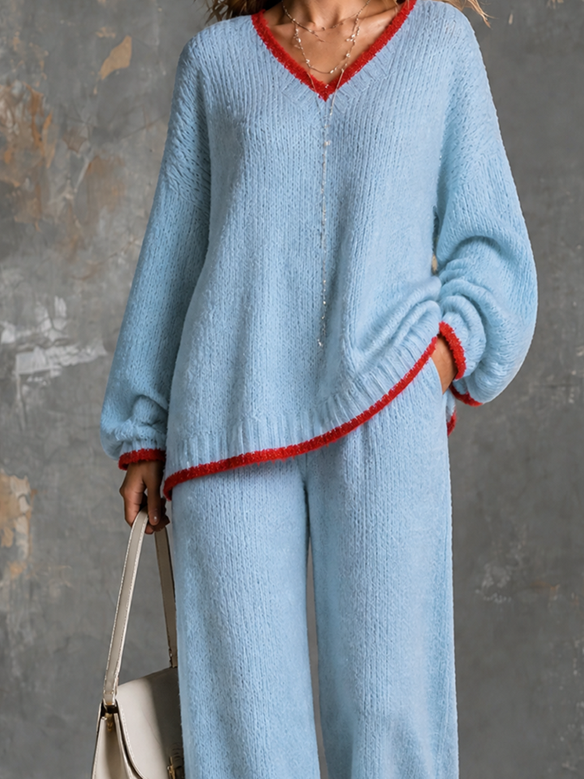 ElevenOra | Conjunto tejido celeste de sweater y pantalón de pierna ancha