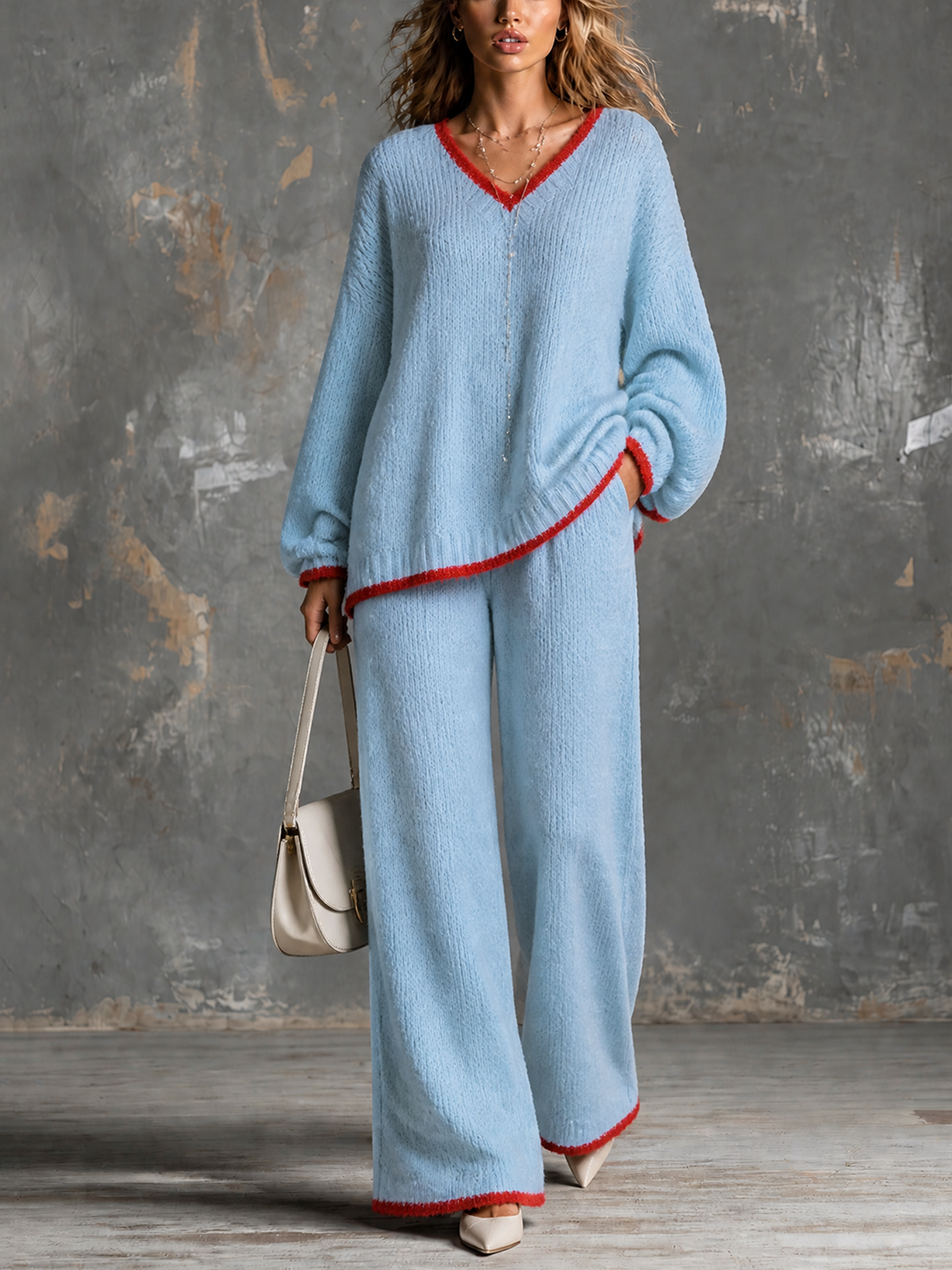 ElevenOra | Conjunto tejido celeste de sweater y pantalón de pierna ancha