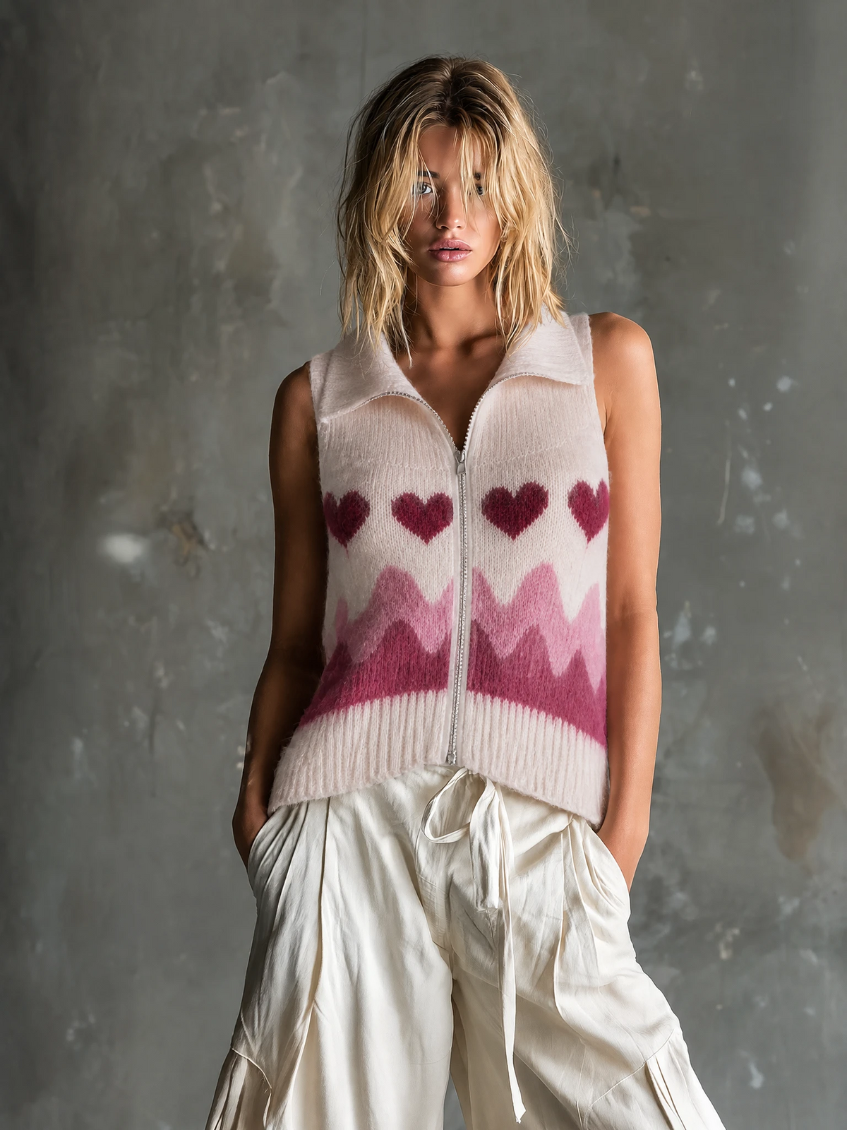 ElevenOra | Chaleco tejido rosa con jacquard de corazones y cierre
