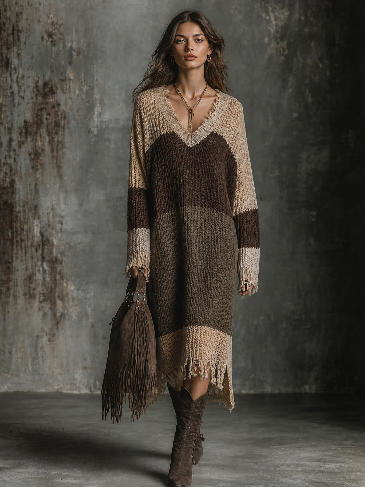 ElevenOra | Vestido midi tejido en bloques beige, marrón y oliva