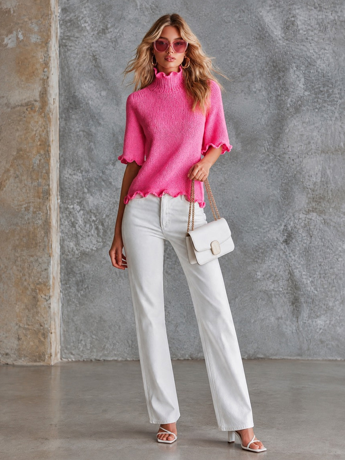 Sweater tejido rosa intenso | cuello alto y mangas tres cuartos