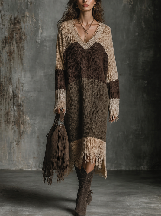 ElevenOra | Vestido midi tejido en bloques beige, marrón y oliva