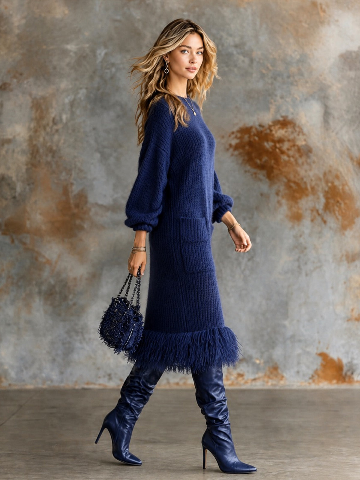 Vestido midi tejido azul rey | escote redondo y mangas globo