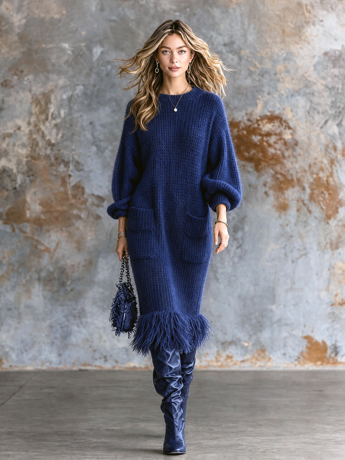 Vestido midi tejido azul rey | escote redondo y mangas globo