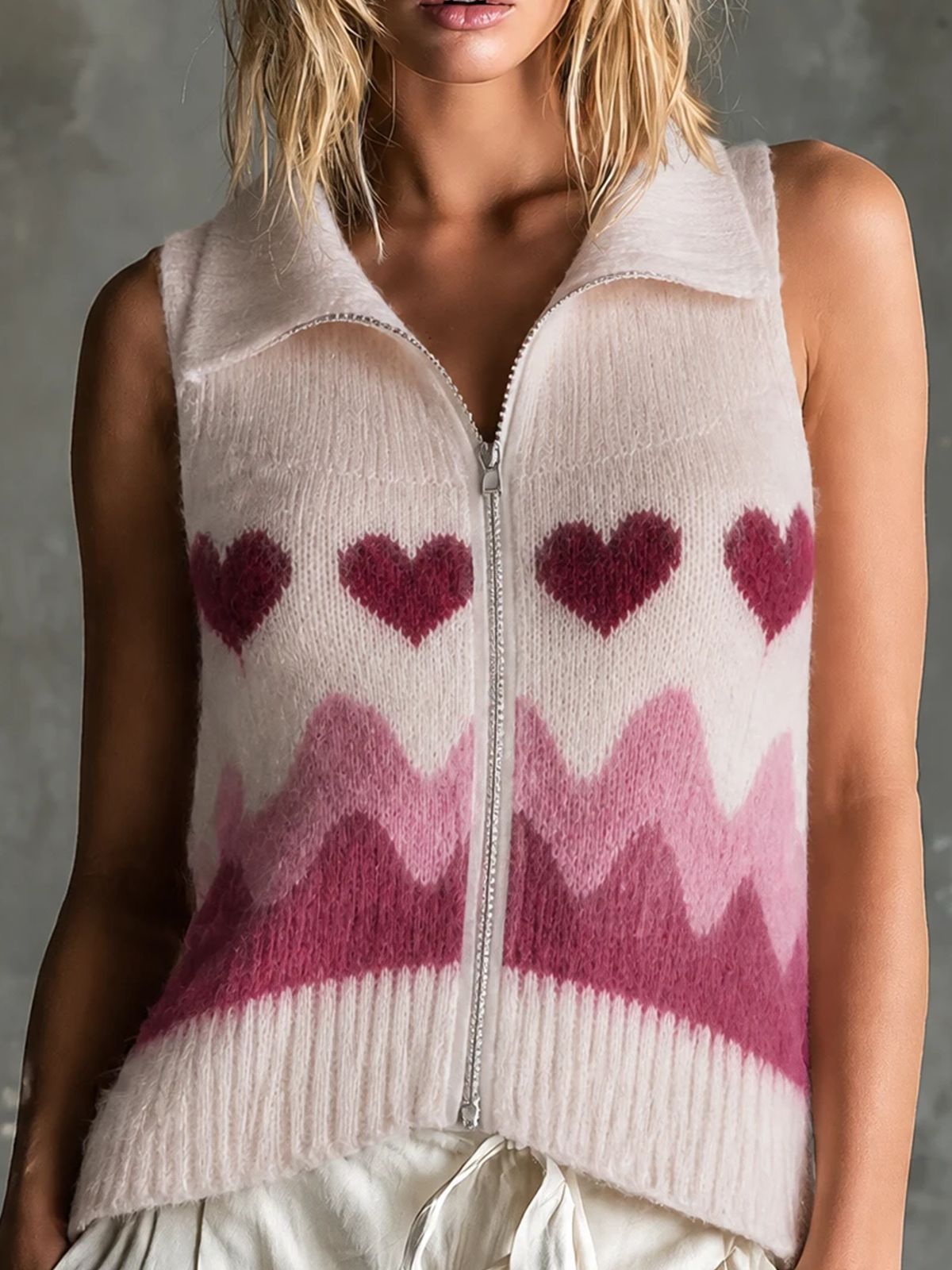 ElevenOra | Chaleco tejido rosa con jacquard de corazones y cierre