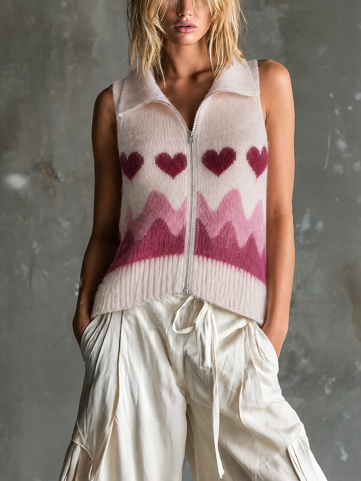 ElevenOra | Chaleco tejido rosa con jacquard de corazones y cierre