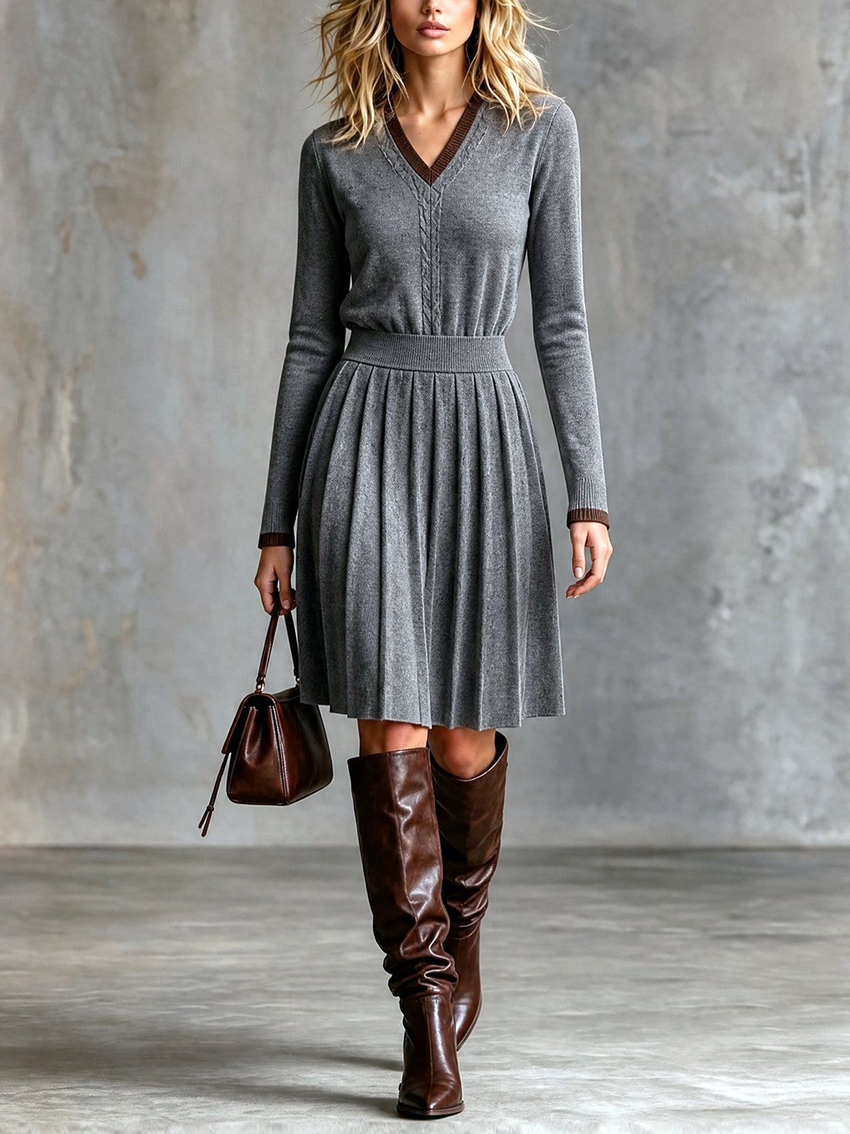 Sweater tejido marrón | escote en V y mangas largas