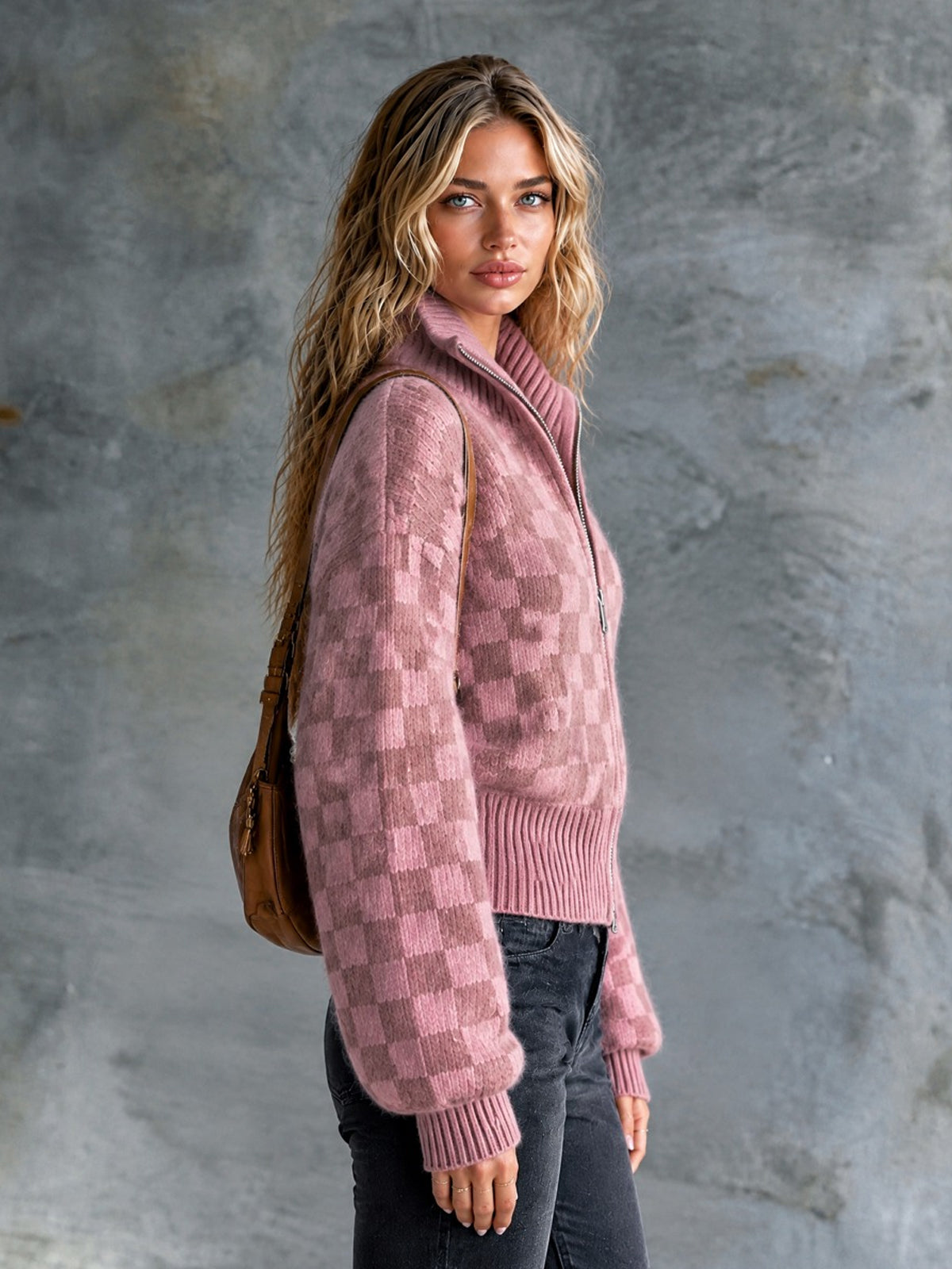 ElevenOra | Cárdigan de mohair rosa con jacquard de damas y cierre