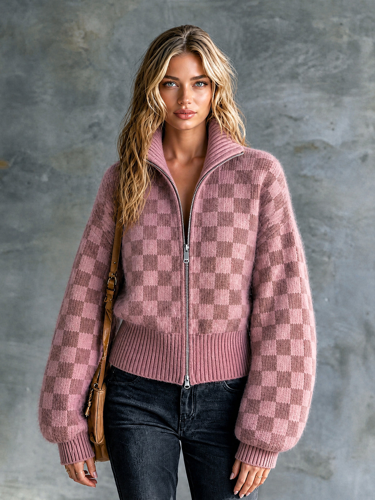 ElevenOra | Cárdigan de mohair rosa con jacquard de damas y cierre