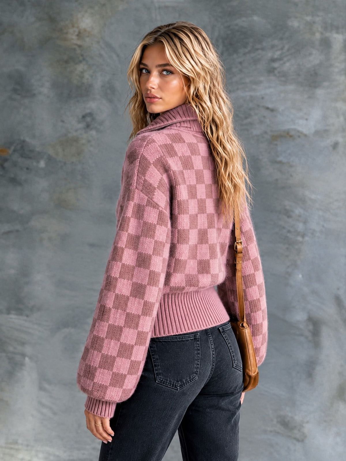 ElevenOra | Cárdigan de mohair rosa con jacquard de damas y cierre