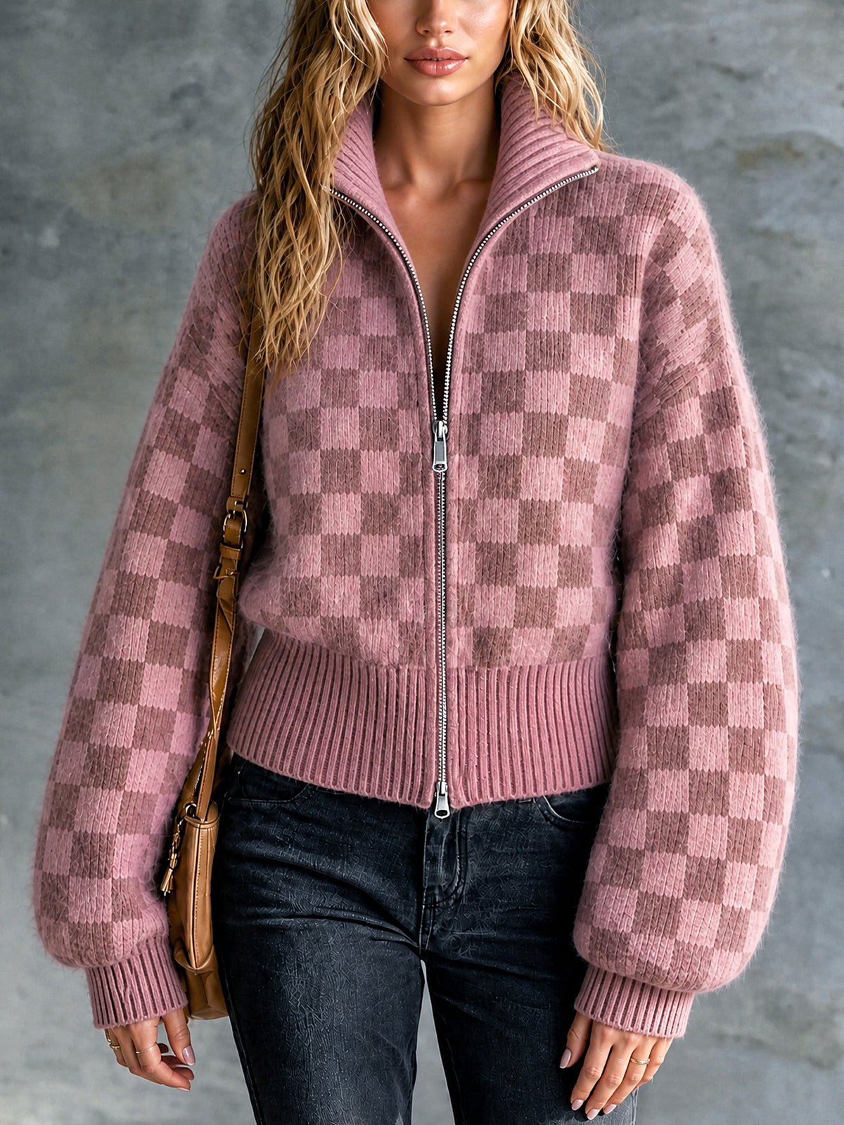 ElevenOra | Cárdigan de mohair rosa con jacquard de damas y cierre