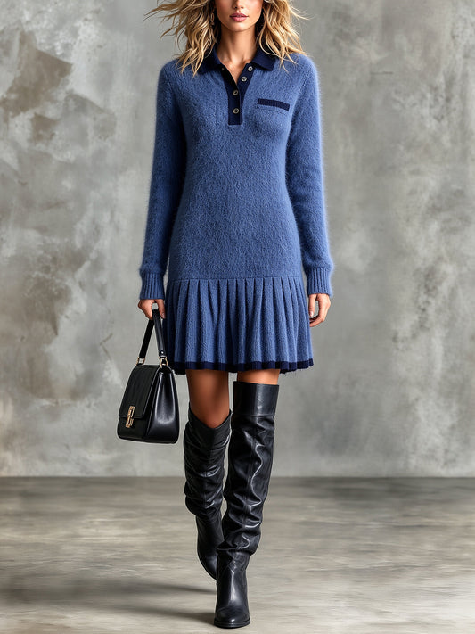 Vestido mini tejido azul marino | solapa y mangas largas