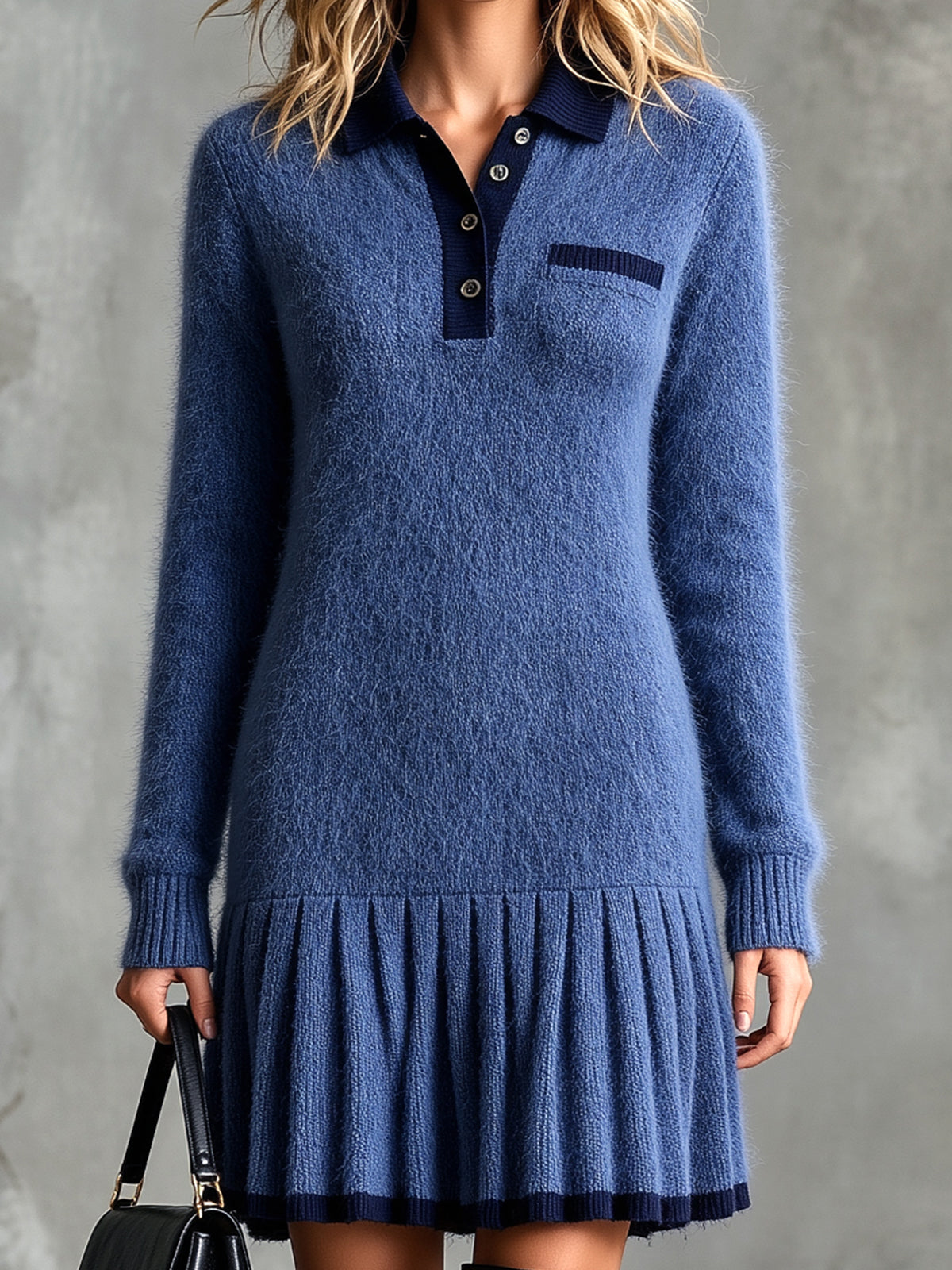 Vestido mini tejido azul marino | solapa y mangas largas
