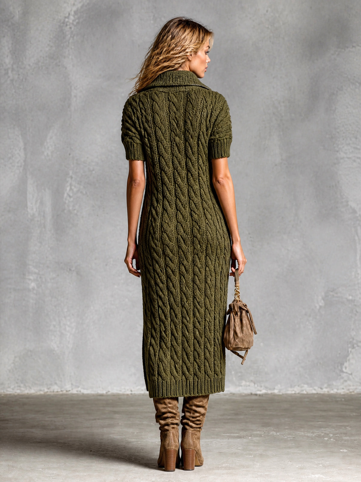 Selina | Vestido midi tejido verde militar con cierre y solapa
