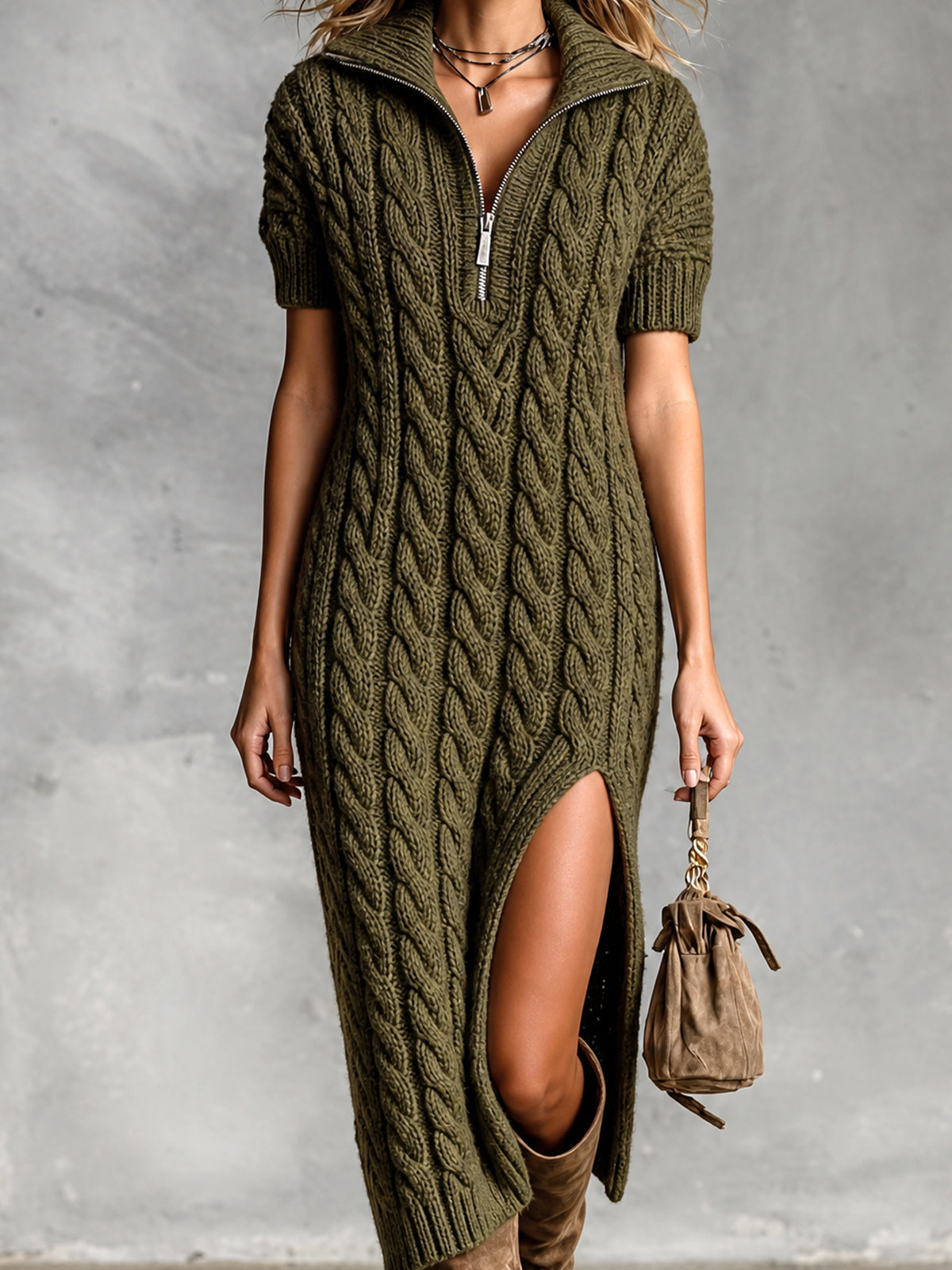 Selina | Vestido midi tejido verde militar con cierre y solapa