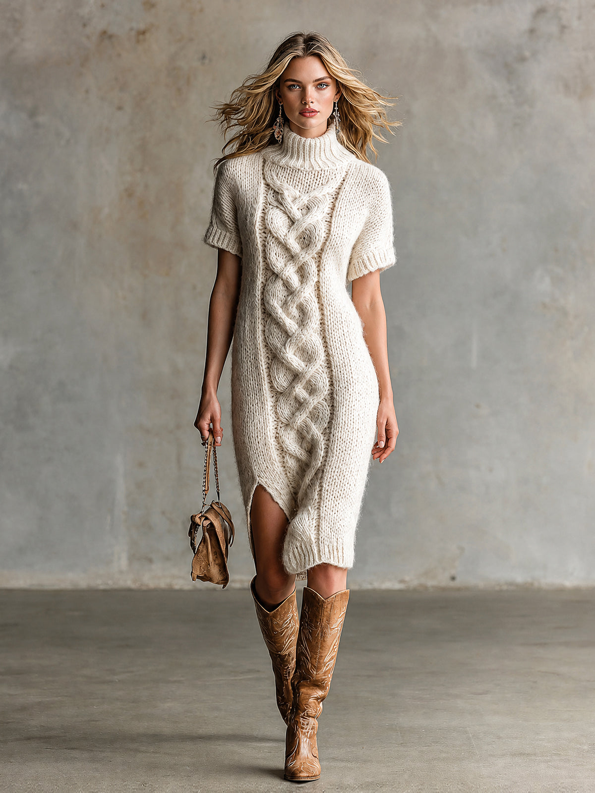 Chic Elegant – Vestido midi tejido color crema con cuello alto