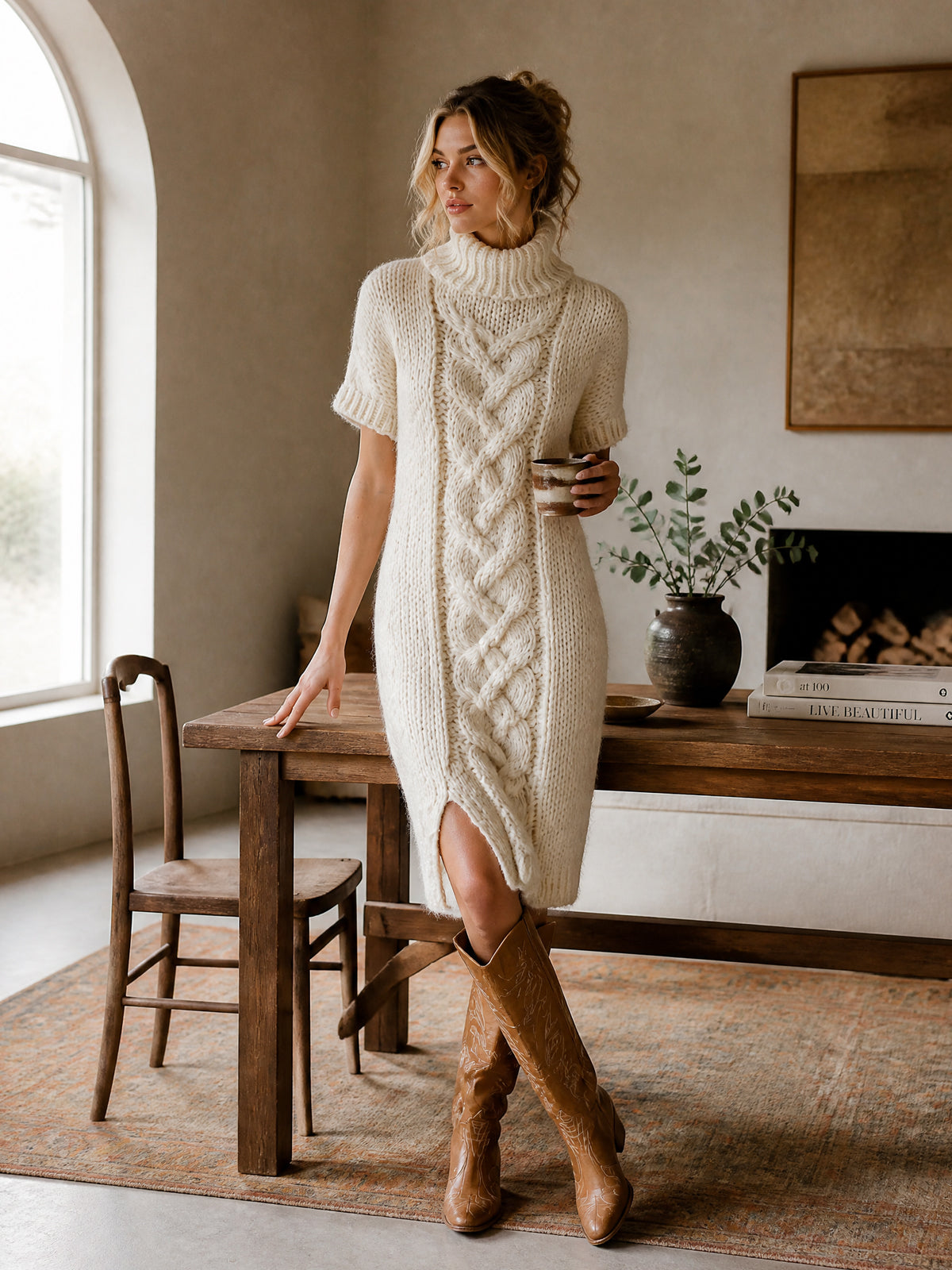 Chic Elegant – Vestido midi tejido color crema con cuello alto