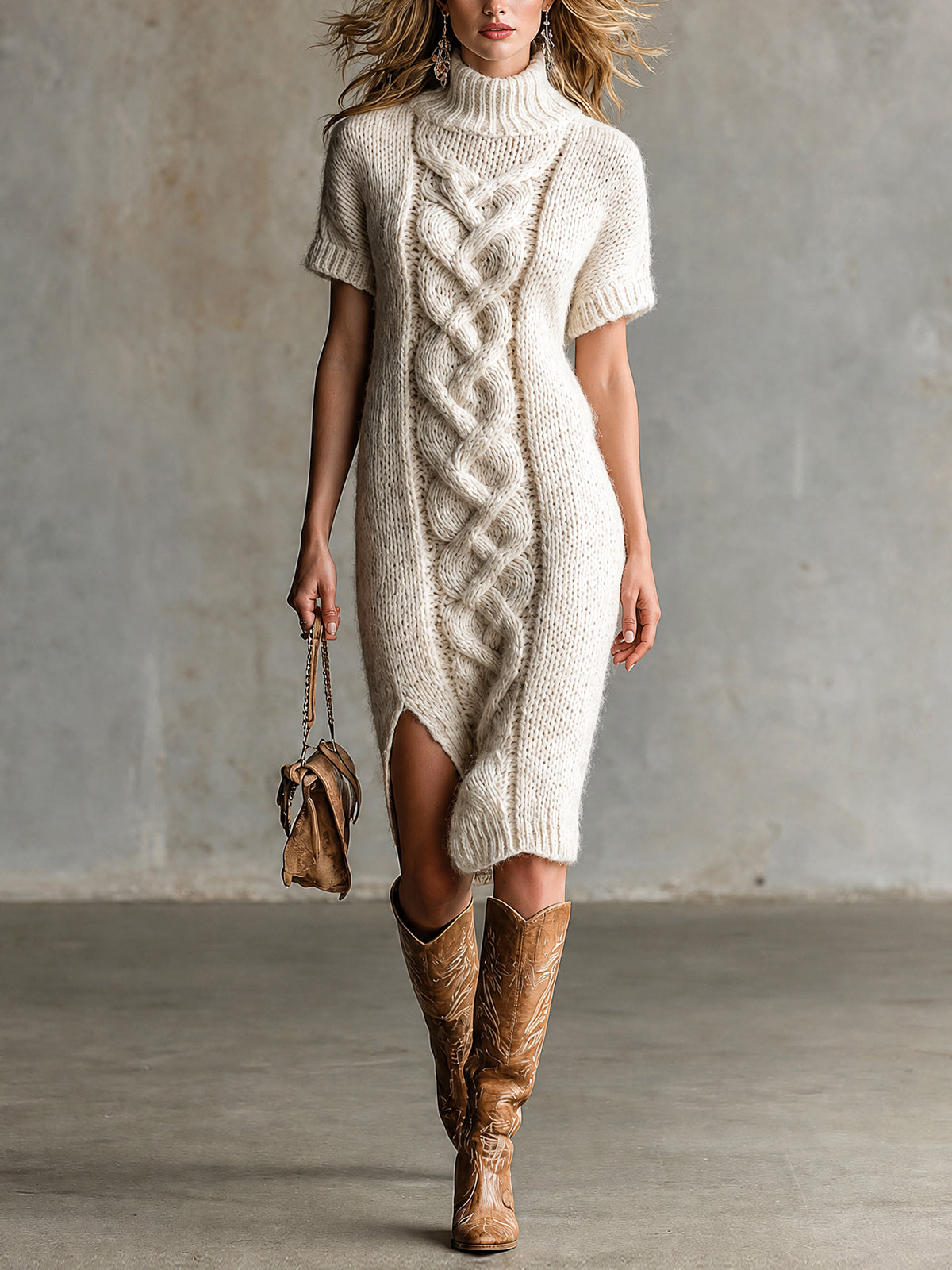 Chic Elegant – Vestido midi tejido color crema con cuello alto