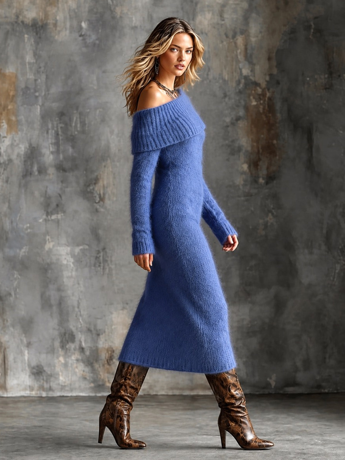 Chic Elegant – Vestido midi tejido azul marino de un hombro