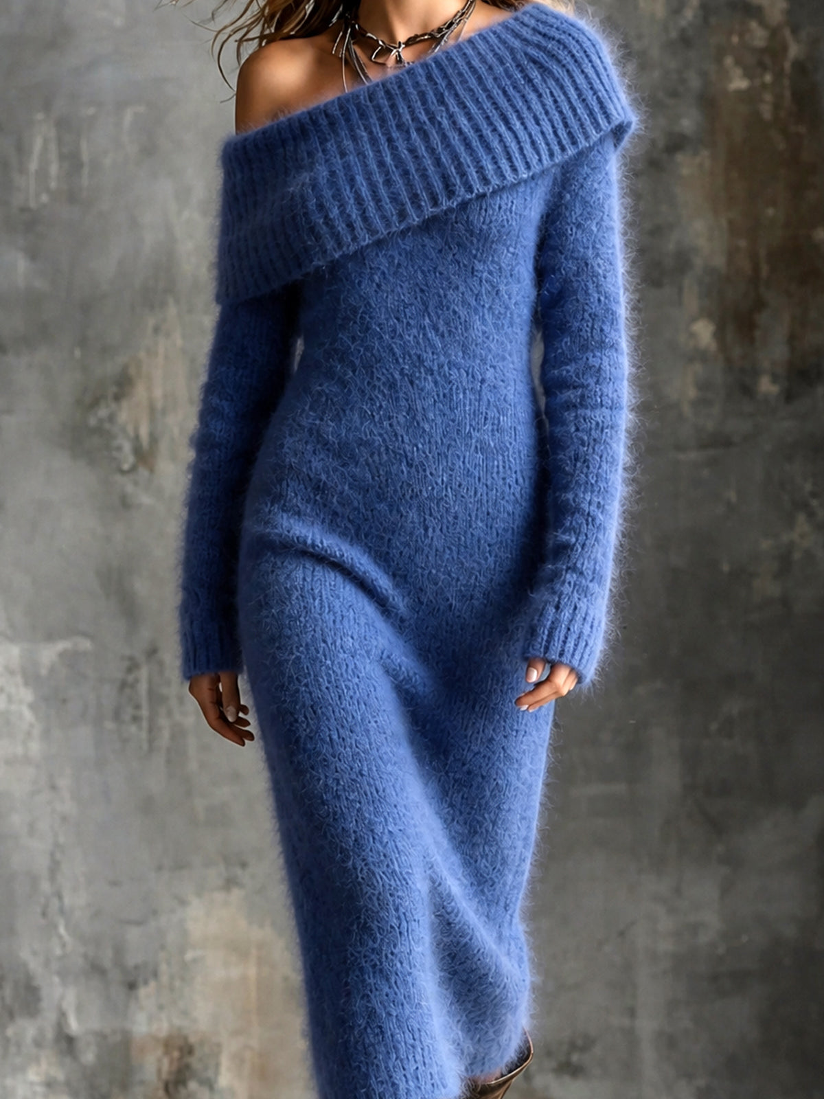Chic Elegant – Vestido midi tejido azul marino de un hombro